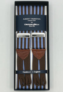 Albert Thurston for Cruciani & Bella Made in England Adjustable Sizing 40 mm Woven Barathea  Brown, Light Blue Stripes Braid ends Y-Shaped Nickel Fittings Size: XL