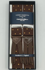 Albert Thurston for Cruciani & Bella Made in England Adjustable Sizing 40 mm Woven Barathea  Brown and Yellow Dots Braces Braid ends Y-Shaped Nickel Fittings Size: XL