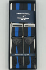 Albert Thurston for Cruciani & Bella Made in England Adjustable Sizing 40 mm Woven Barathea   Dark and Blue Stripes  Braces Y-Shaped Nickel Fittings Size: XL