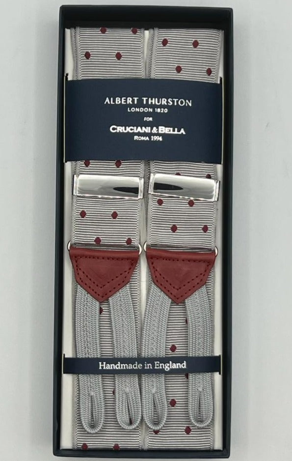 Albert Thurston for Cruciani & Bella Made in England Adjustable Sizing 40 mm Woven Barathea Dirty White, Brick Dots Braid ends Y-Shaped Nickel Fittings Size: XL