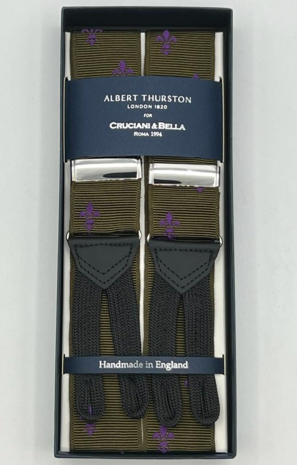 Albert Thurston for Cruciani & Bella Made in England Adjustable Sizing 40 mm Woven Barathea  Green, Pink  Florentine lily motif Braces Braid ends Y-Shaped Nickel Fittings #8330 Size: XL
