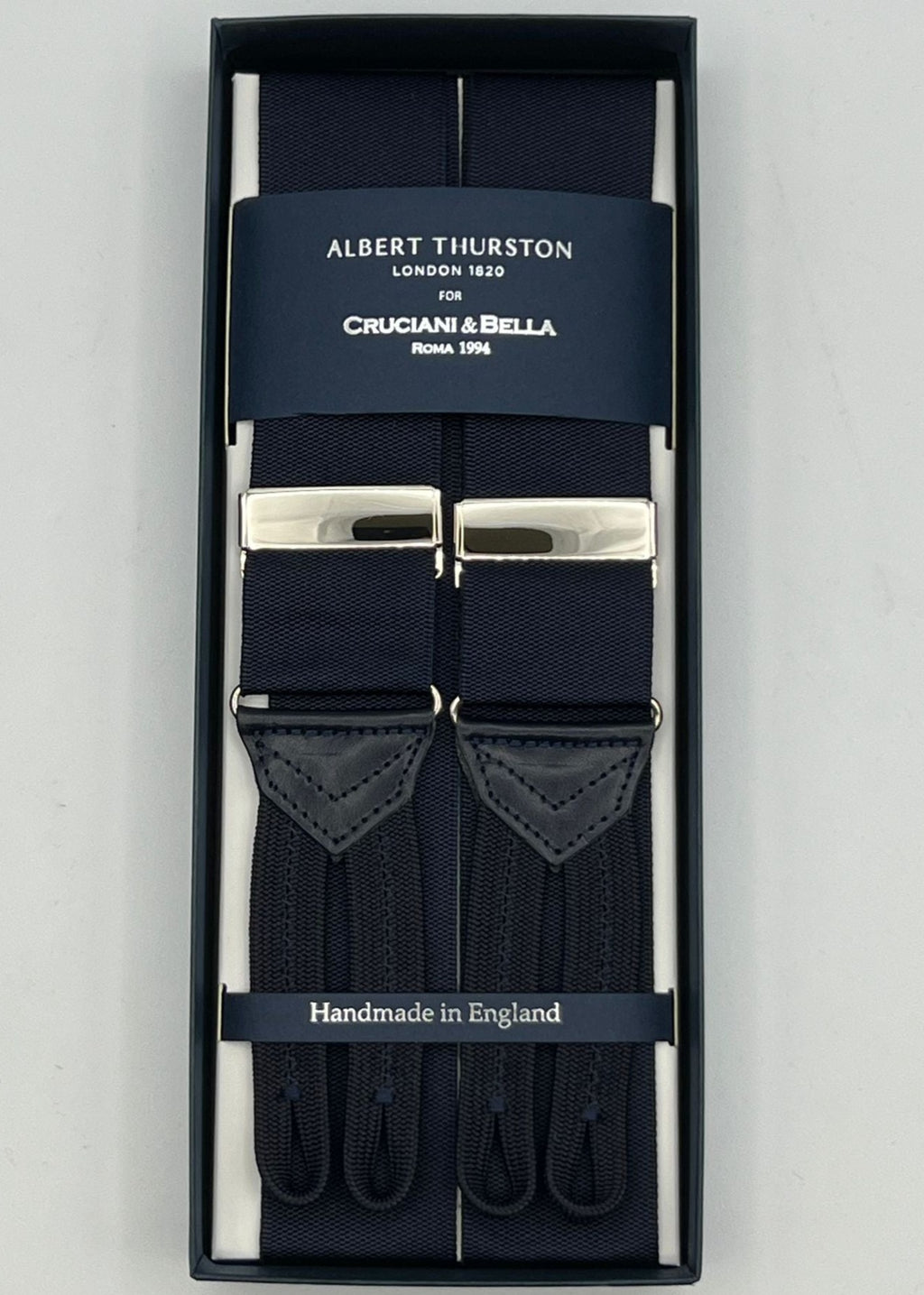 Albert Thurston for Cruciani & Bella Made in England Adjustable Sizing 40 mm Woven Barathea  Midnight blue  braces Braid ends Y-Shaped Nickel Fittings Size: XL