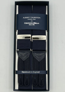 Albert Thurston for Cruciani & Bella Made in England Adjustable Sizing 40 mm Woven Barathea  Midnight blue  braces Braid ends Y-Shaped Nickel Fittings Size: XL