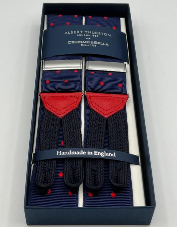 Albert Thurston for Cruciani & Bella Made in England Adjustable Sizing 40 mm Woven Barathea Midnight blue, red dots Braces Braid ends Y-Shaped Nickel Fittings