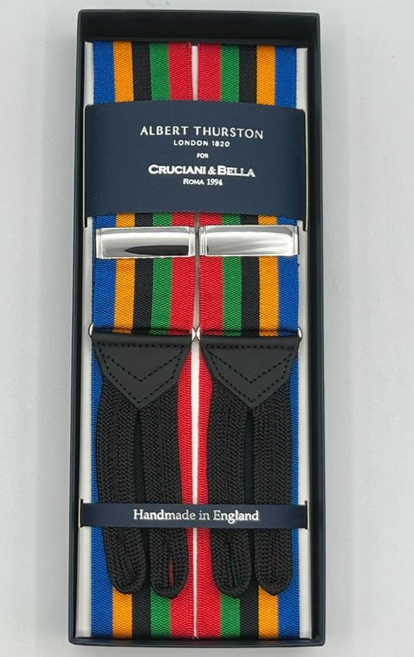 Albert Thurston for Cruciani & Bella Made in England Adjustable Sizing 40 mm Woven Barathea  Multicolor Stripes Braid ends Y-Shaped Nickel Fittings Size: XL
