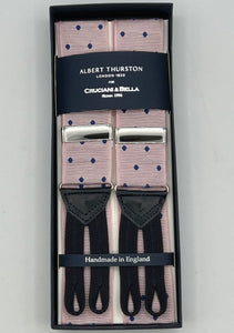 Albert Thurston for Cruciani & Bella Made in England Adjustable Sizing 40 mm Woven Barathea  Pink, blue royal dots Braces Braid ends Y-Shaped Nickel Fittings Size: XL