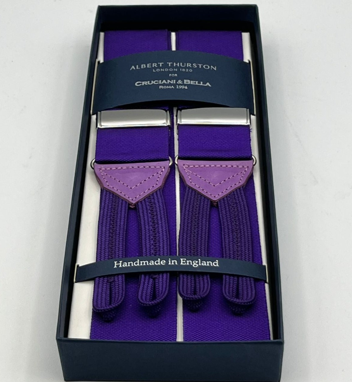 Albert Thurston for Cruciani & Bella Made in England Adjustable Sizing 40 mm Woven Barathea  Purple braces Braid ends Y-Shaped Nickel Fittings Size: XL