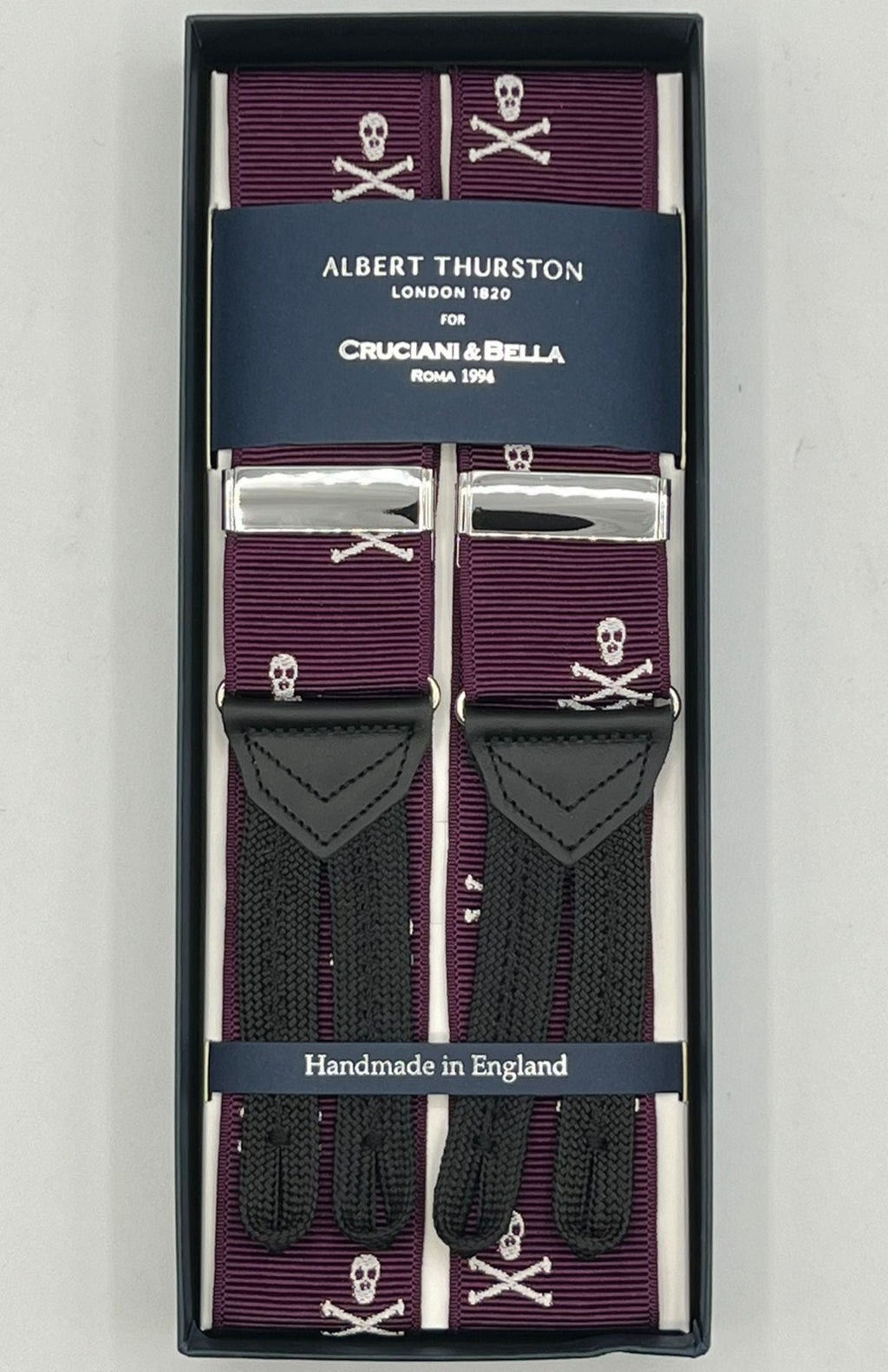 Albert Thurston for Cruciani & Bella Made in England Adjustable Sizing 40 mm Woven Barathea  Red Wine and White Skulls Motif Braces Braid ends Y-Shaped Nickel Fittings Size. MULTIFIT
