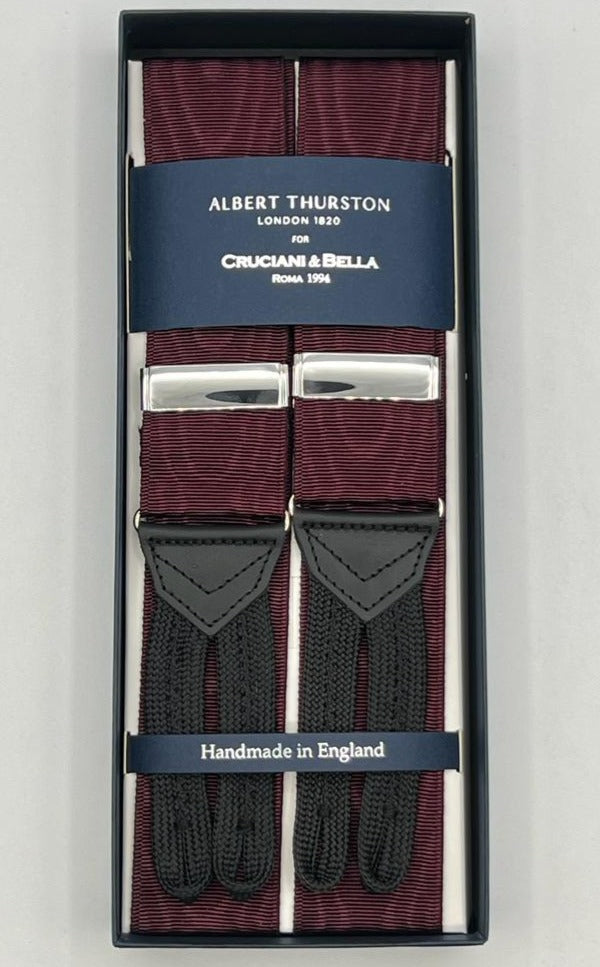 Albert Thurston for Cruciani & Bella Made in England Adjustable Sizing 40 mm Woven Barathea  Wine Moirè Braces Braid ends Y-Shaped Nickel Fittings Size: XL