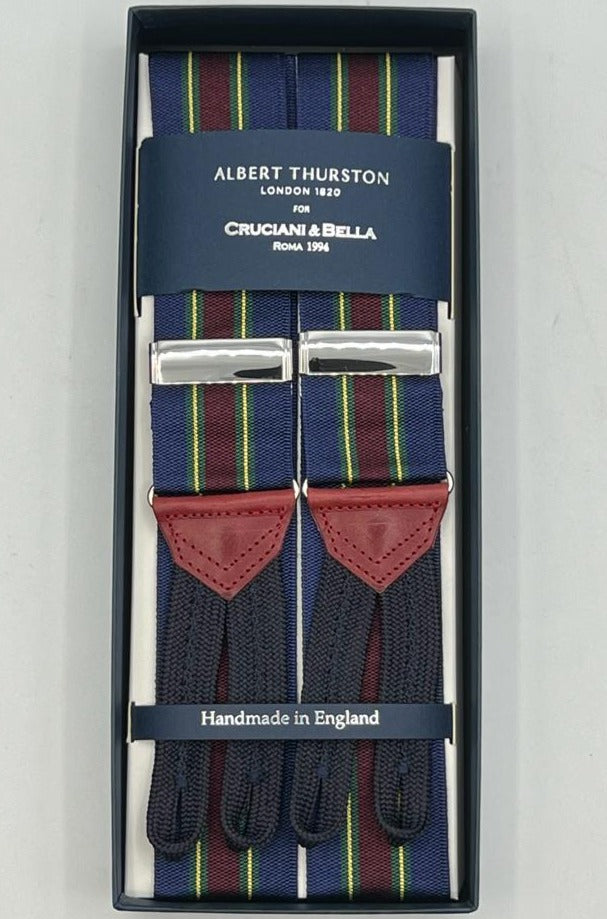 Albert Thurston for Cruciani & Bella Made in England Adjustable Sizing 40 mm Woven Barathea  Blue, Red Wine, Green and Yellow Stripes  Motif  Braces Y-Shaped Nickel Fittings MULTIFIT