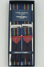 Albert Thurston for Cruciani & Bella Made in England Adjustable Sizing 40 mm Woven Barathea  Blue, Red Wine, Green and Yellow Stripes  Motif  Braces Y-Shaped Nickel Fittings MULTIFIT