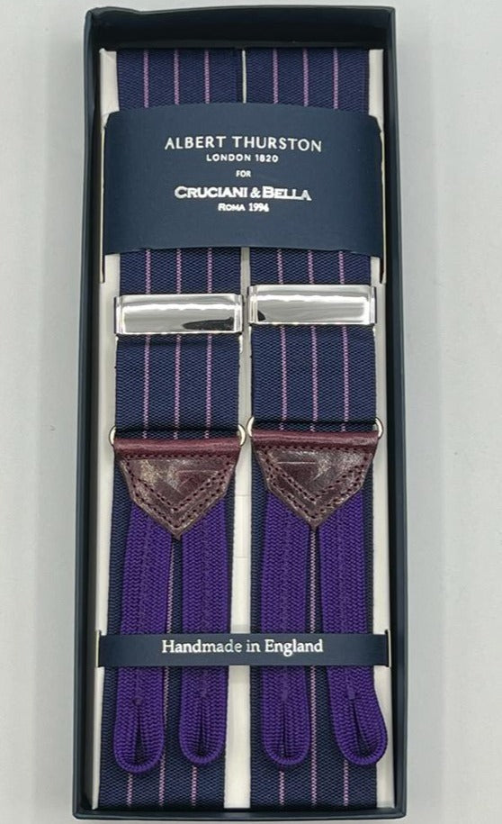 Albert Thurston for Cruciani & Bella Made in England Adjustable Sizing 40 mm Woven Barathea  Blue and Pink Stripes  Motif  Braces Y-Shaped Nickel Fittings MULTIFIT