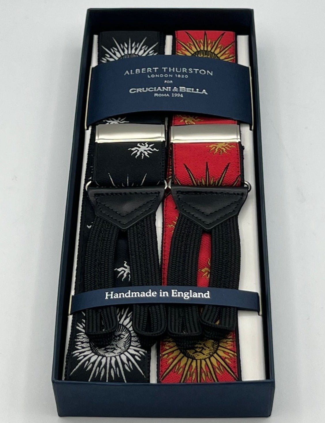 Albert Thurston for Cruciani & Bella Made in England Adjustable Sizing 40 mm Woven  Black and Red Sun Braces Braid ends Y-Shaped Nickel Fittings Size: XL