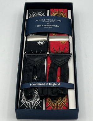 Albert Thurston for Cruciani & Bella Made in England Adjustable Sizing 40 mm Woven  Black and Red Sun Braces Braid ends Y-Shaped Nickel Fittings Size: XL