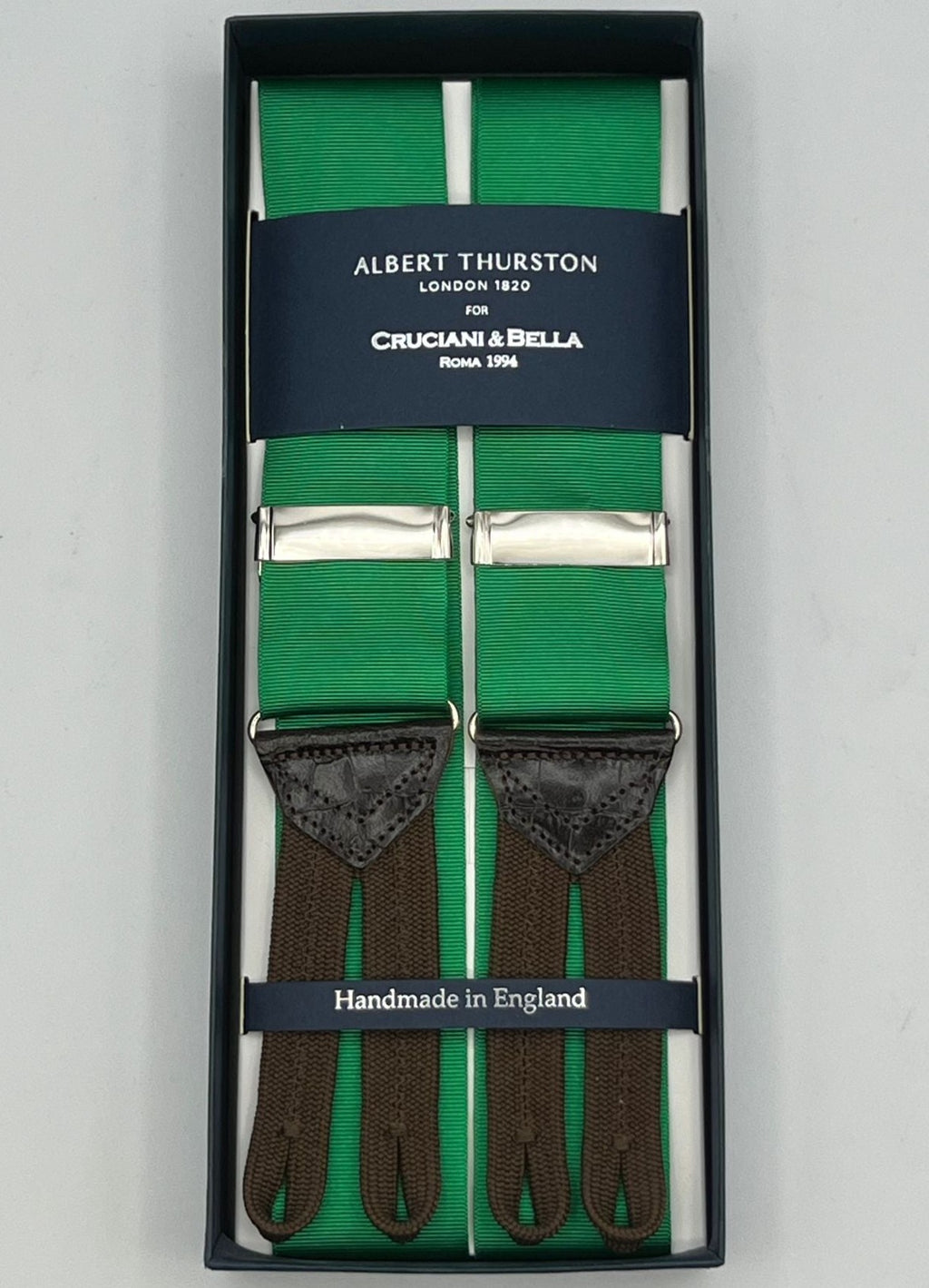 Albert Thurston for Cruciani & Bella Made in England Adjustable Sizing 40 mm Woven Light  Bright Green  Braid ends Y-Shaped Nickel Fittings Size: XL