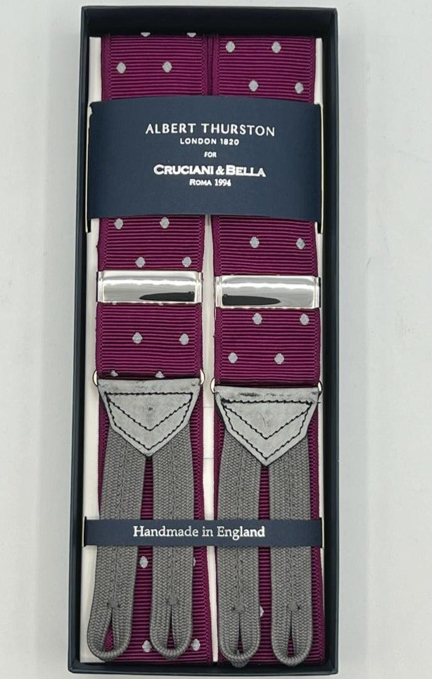 Albert Thurston for Cruciani & Bella Made in England Adjustable Sizing 40 mm Woven Barathea  Purple and Grey Dots  Motif  Braces Y-Shaped Nickel Fittings MULTIFIT