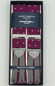 Albert Thurston for Cruciani & Bella Made in England Adjustable Sizing 40 mm Woven Barathea  Purple and Grey Dots  Motif  Braces Y-Shaped Nickel Fittings MULTIFIT