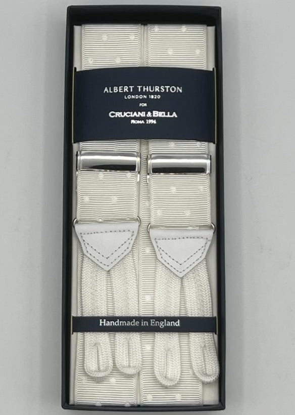 Albert Thurston for Cruciani & Bella Made in England Adjustable Sizing 40 mm Woven Barathea   White Dots  Braces Y-Shaped Nickel Fittings Size: XL