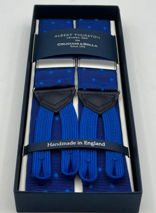 Albert Thurston for Cruciani & Bella Made in England Adjustable Sizing 40 mm Woven Barathea  Blue Dots  Motif  Braces Y-Shaped Nickel Fittings Size: XL