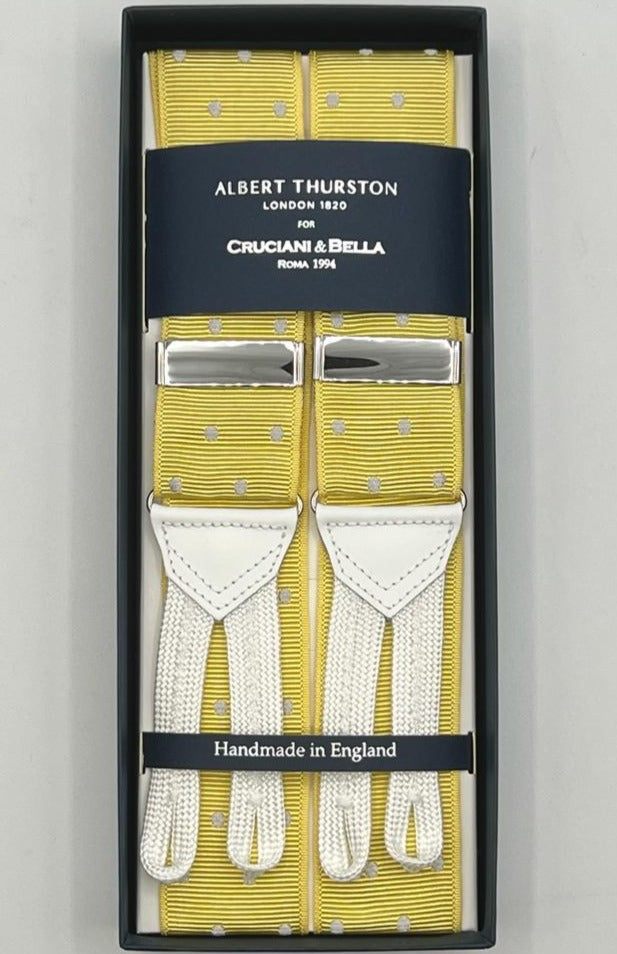 Albert Thurston for Cruciani & Bella Made in England Adjustable Sizing 40 mm Woven Barathea  Yellow and White Dots  Motif  Braces Y-Shaped Nickel Fittings MULTIFIT