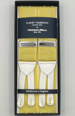 Albert Thurston for Cruciani & Bella Made in England Adjustable Sizing 40 mm Woven Barathea  Yellow and White Dots  Motif  Braces Y-Shaped Nickel Fittings MULTIFIT