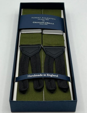 Albert Thurston for Cruciani & Bella Made in England Adjustable Sizing 40 mm Woven Barathea  Olive Green plain Y-Shaped Nickel Fittings Size: XL