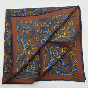 Cruciani & Bella - Silk - Brown, Green, Blue and Ocra Patterned Motif Pocket Square