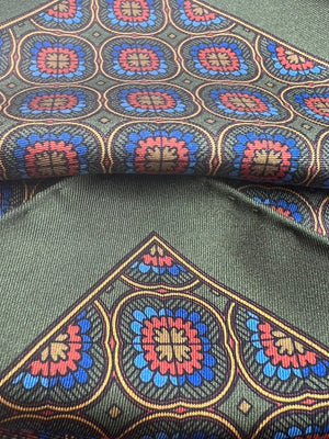 Cruciani & Bella - Silk - Green, Blue, Ocra and Red Patterned Motif Pocket Square 