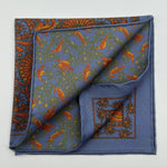 Cruciani & Bella - Silk - Light Blue, Orange Double Patterned Motif Pocket Square