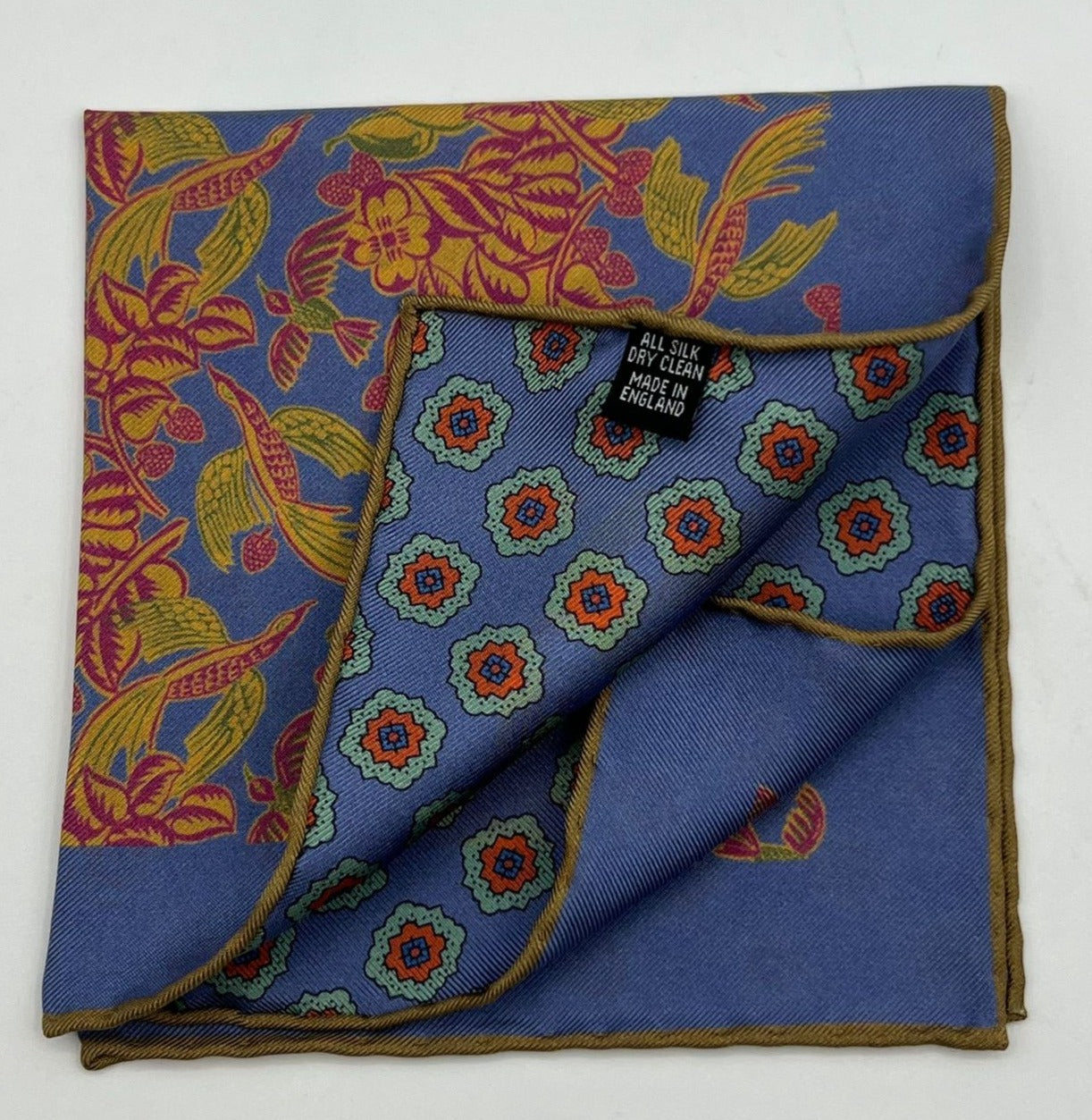 Cruciani & Bella Hand-rolled   100% Silk Light Blue, Orange and Light Green Double Faces Patterned  Motif  Pocket Square Made in England 32 cm X 32 cm