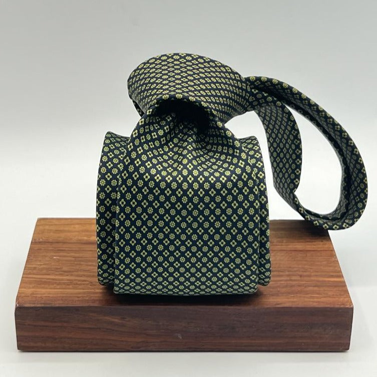 Drake's for Cruciani & Bella 36 oz Self-Tipped 100% Printed Silk Blue, Green Motif Tie Handmade in London. England 9 cm x 150 cm