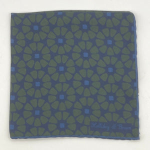 Holliday & Brown Hand-rolled   Holliday & Brown for Cruciani & Bella 100% Silk Blue and Green Double Faces Patterned  Motif  Pocket Square Handmade in Italy 32 cm X 32 cm