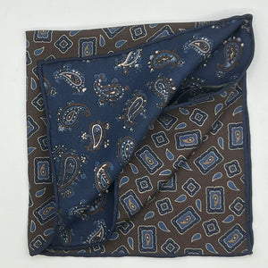 Holliday & Brown - Silk - Brown, Blue and Light Blue Double Patterned Motif Pocket Square #7969