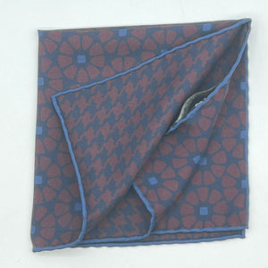 Holliday & Brown Hand-rolled   Holliday & Brown for Cruciani & Bella 100% Silk Red Wine and Blue Double Faces Patterned  Motif  Pocket Square Handmade in Italy 32 cm X 32 cm