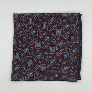 Holliday & Brown Hand-rolled   Holliday & Brown for Cruciani & Bella 100% Silk Red Wine, Blue, Light Blue and Gold Double Faces Patterned  Motif  Pocket Square Handmade in Italy 32 cm X 32 cm