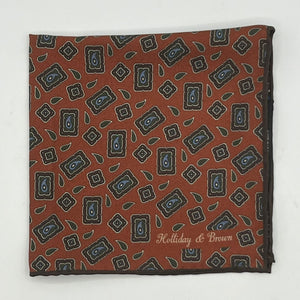 Holliday & Brown Hand-rolled   Holliday & Brown for Cruciani & Bella 100% Silk Rust, Green, Brown Double Faces Patterned  Motif  Pocket Square Handmade in Italy 32 cm X 32 cm