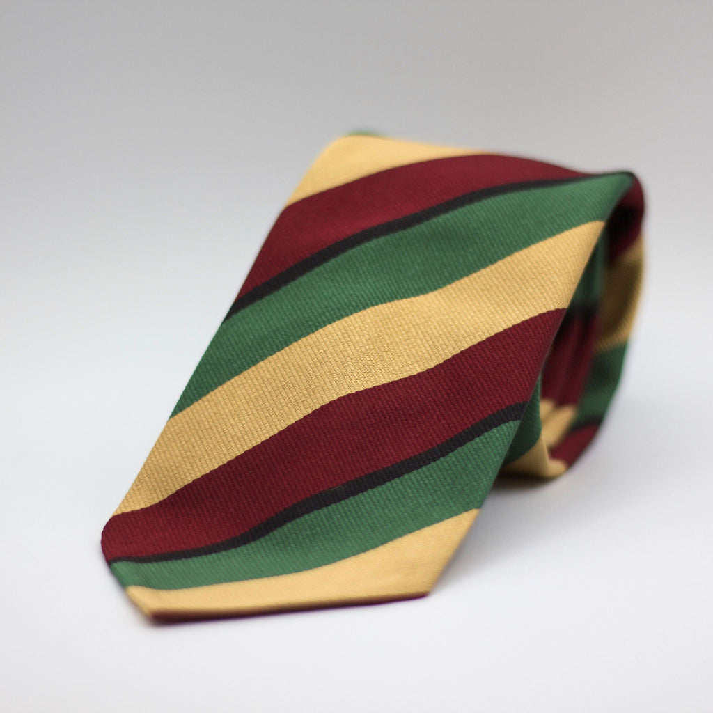 Cruciani & Bella 100% Silk Slim Shape Jacquard  Unlined Regimental "1st Country of London " Wine, Gold, Green and black stripes tie Handmade in Italy 8 cm x 150 cm