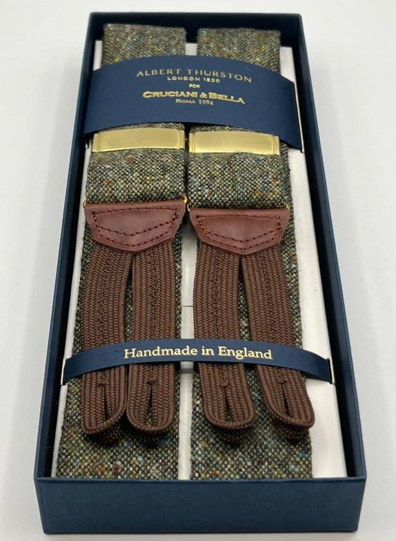 Albert Thurston for Cruciani & Bella Made in England Adjustable Sizing 40 mm braces 100% Wool Donegal Green Melange Color Braid ends Y-Shaped Gold Fittings XL