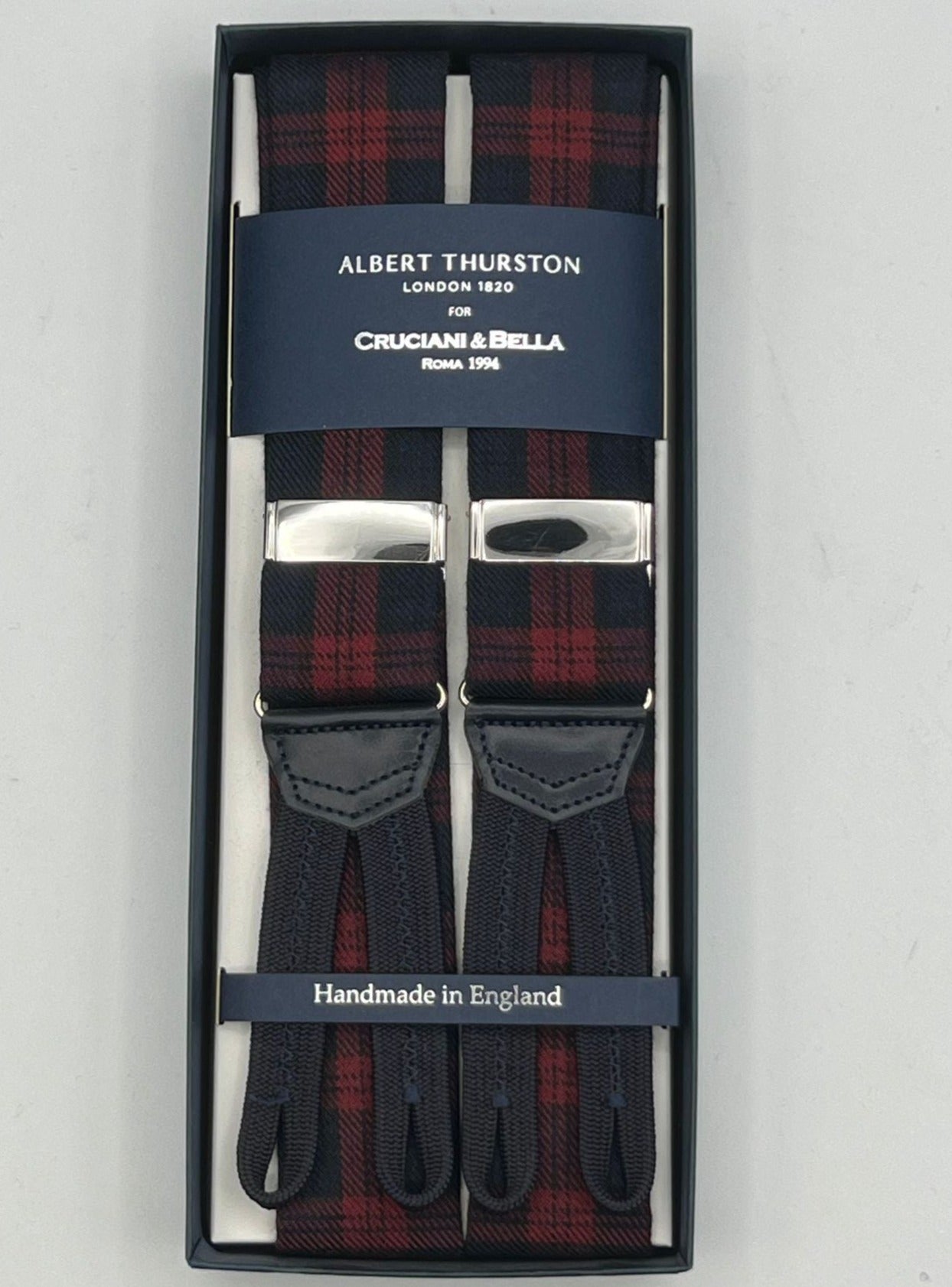 Albert Thurston for Cruciani & Bella Made in England Adjustable Sizing 40 mm braces 100% Wool Red and Blue Tartan Motif Braid ends Y-Shaped Nickel Fittings XL