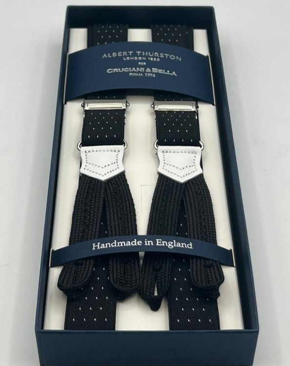 Albert Thurston for Cruciani & Bella Made in England Adjustable Sizing 25 mm elastic braces Black and White Dots Braid ends Y-Shaped Nickel Fittings Size: XL