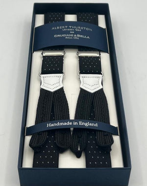 Albert Thurston for Cruciani & Bella Made in England Adjustable Sizing 25 mm elastic braces Black and White Dots Braid ends Y-Shaped Nickel Fittings Size: XL