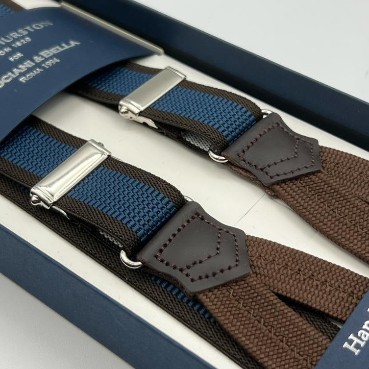 Albert Thurston for Cruciani & Bella Made in England Adjustable Sizing 25 mm elastic braces Blue and Brown Stripes Braid ends Y-Shaped Nickel Fittings Size: XL