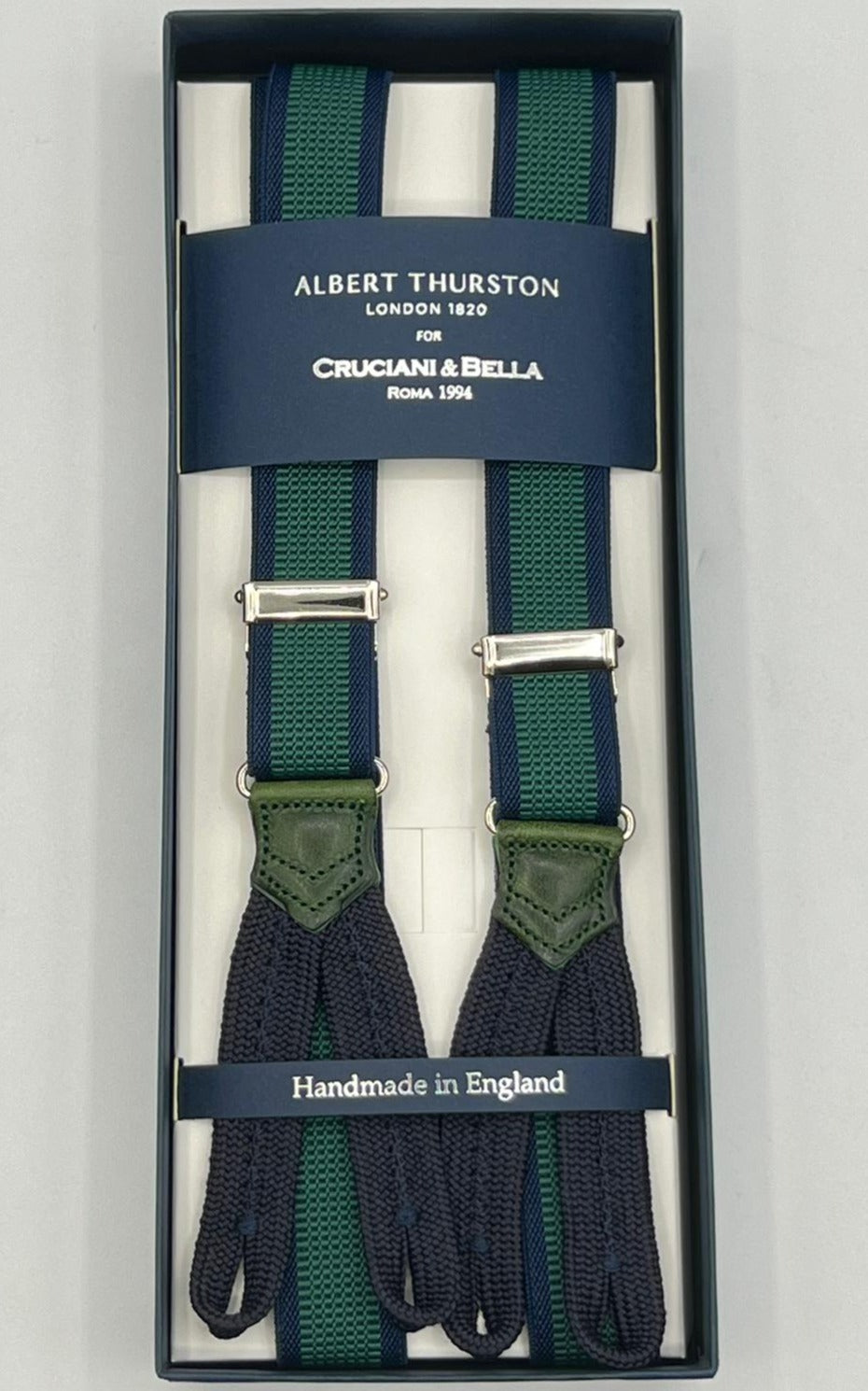 Albert Thurston for Cruciani & Bella Made in England Adjustable Sizing 25 mm elastic braces Blue and Green Stripe Braid ends Y-Shaped Nickel Fittings Size: XL