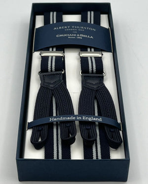 Albert Thurston for Cruciani & Bella Made in England Adjustable Sizing 25 mm elastic braces Blue, White Stripes  Braid ends Y-Shaped Nickel  Fittings Size: XL