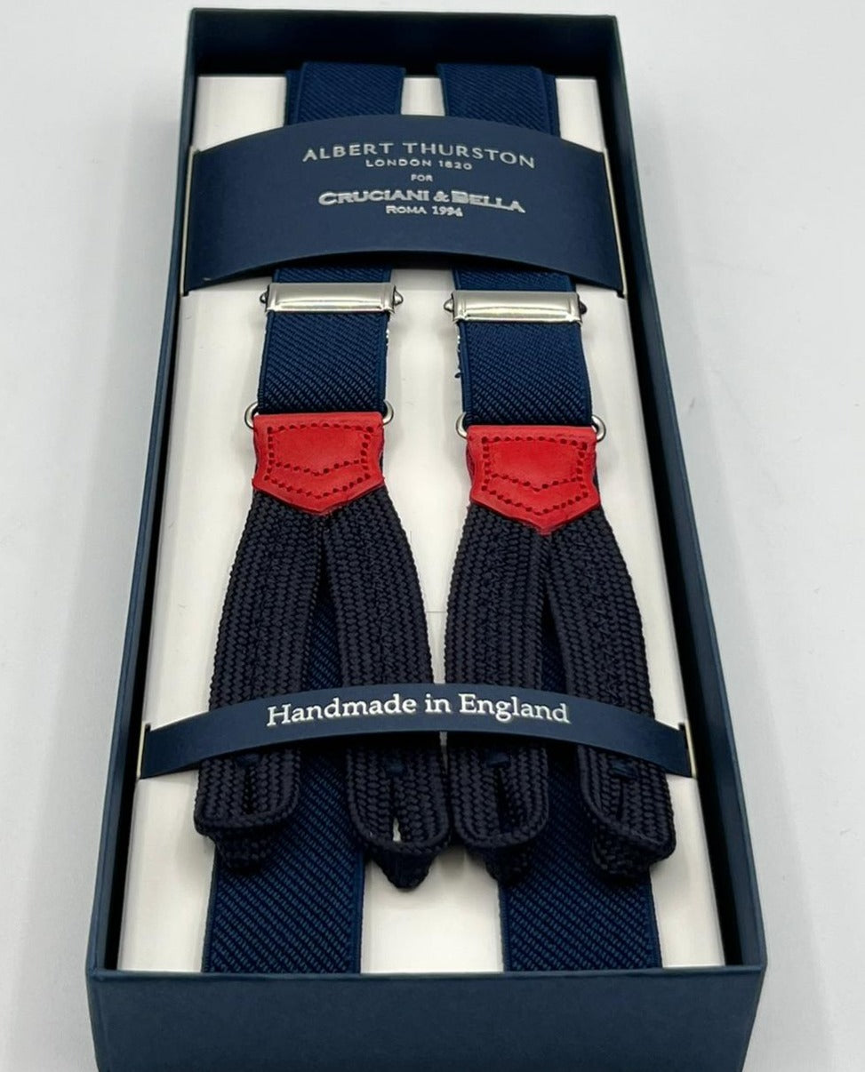 Albert Thurston for Cruciani & Bella Made in England Adjustable Sizing 25 mm elastic braces Blue plain Braid ends Y-Shaped Nickel Fittings Size: XL