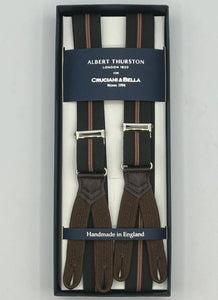 Albert Thurston for Cruciani & Bella Made in England Adjustable Sizing 25 mm elastic braces Dark Military Green, Red and Beige Stripes  Braid ends Y-Shaped Nickel  Fittings Size: XL