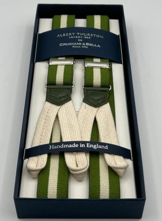 Albert Thurston for Cruciani & Bella Made in England Adjustable Sizing 25 mm elastic braces Light Green, Off White Braid ends Y-Shaped Nickel Fittings Size: XL