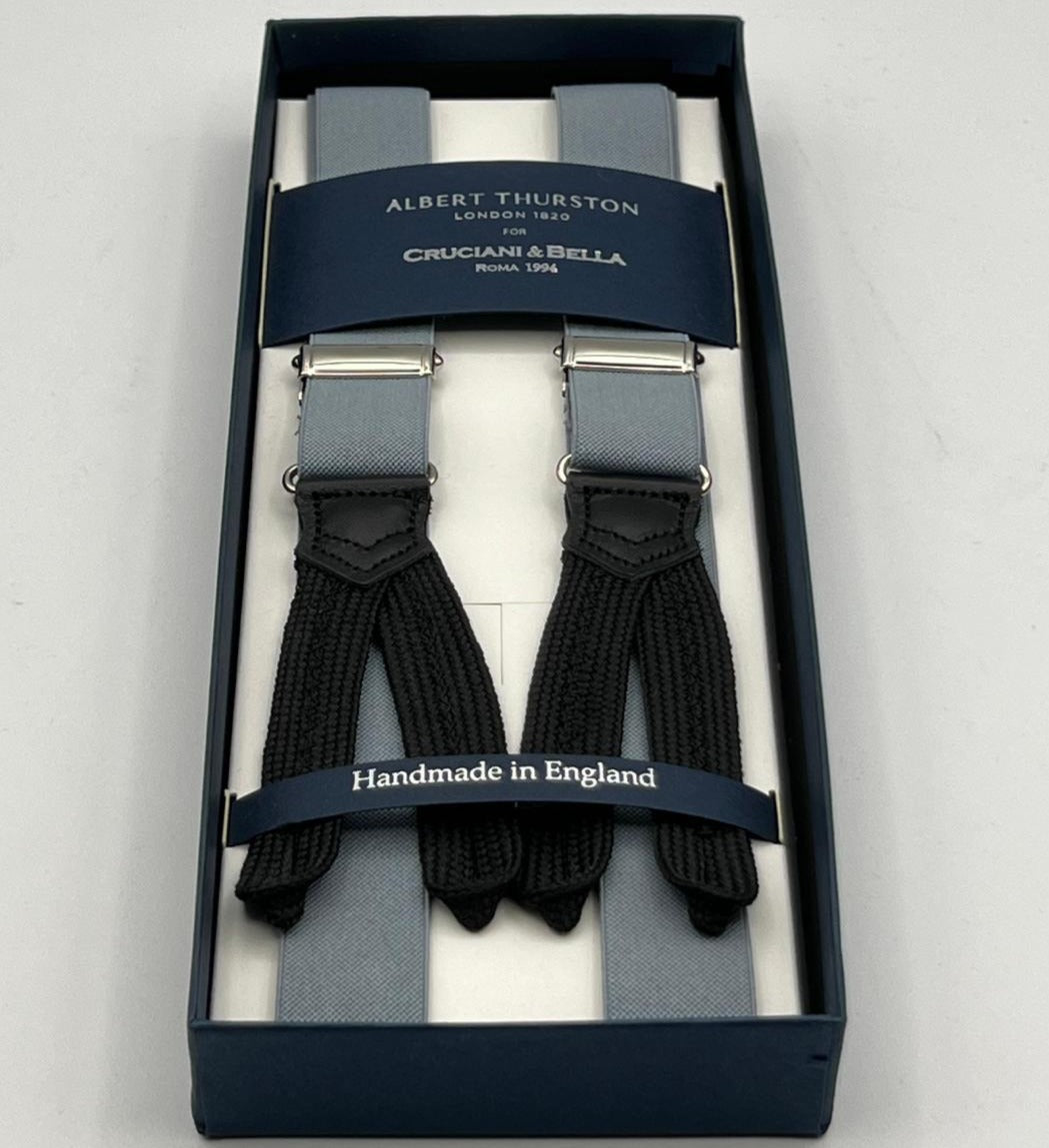 Albert Thurston for Cruciani & Bella Made in England Adjustable Sizing 25 mm elastic braces Light Grey Plain Braid ends Y-Shaped Nickel Fittings Size: XL