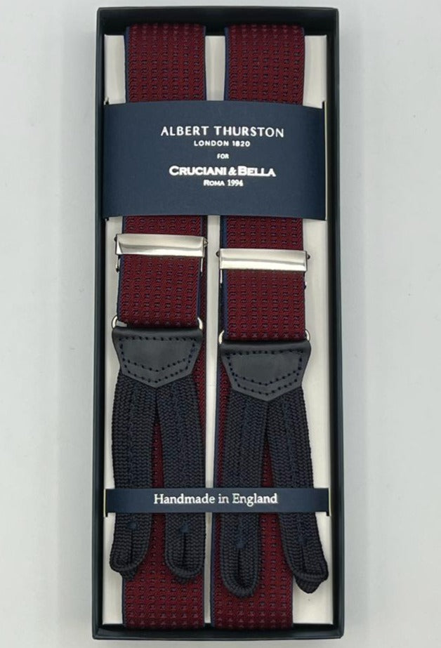 Albert Thurston for Cruciani & Bella Made in England Adjustable Sizing 35 mm Elastic Braces Red, Blue Pin Point Braces Braid ends Y-Shaped Nickel Fittings Size: XL