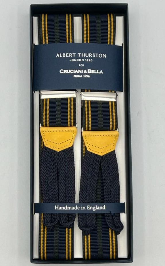 Albert Thurston for Cruciani & Bella Made in England Adjustable Sizing 35 mm Elastic Braces Blue, Yellow and Green Stripes Braid ends Y-Shaped Nickel Fittings Size: XL